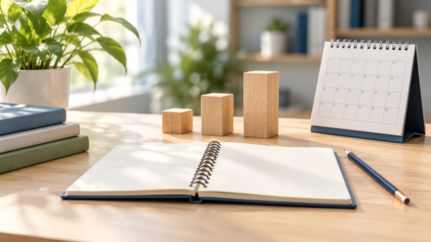 Tre blocchi di legno di altezza crescente, un calendario senza numeri e un quaderno aperto su una scrivania.