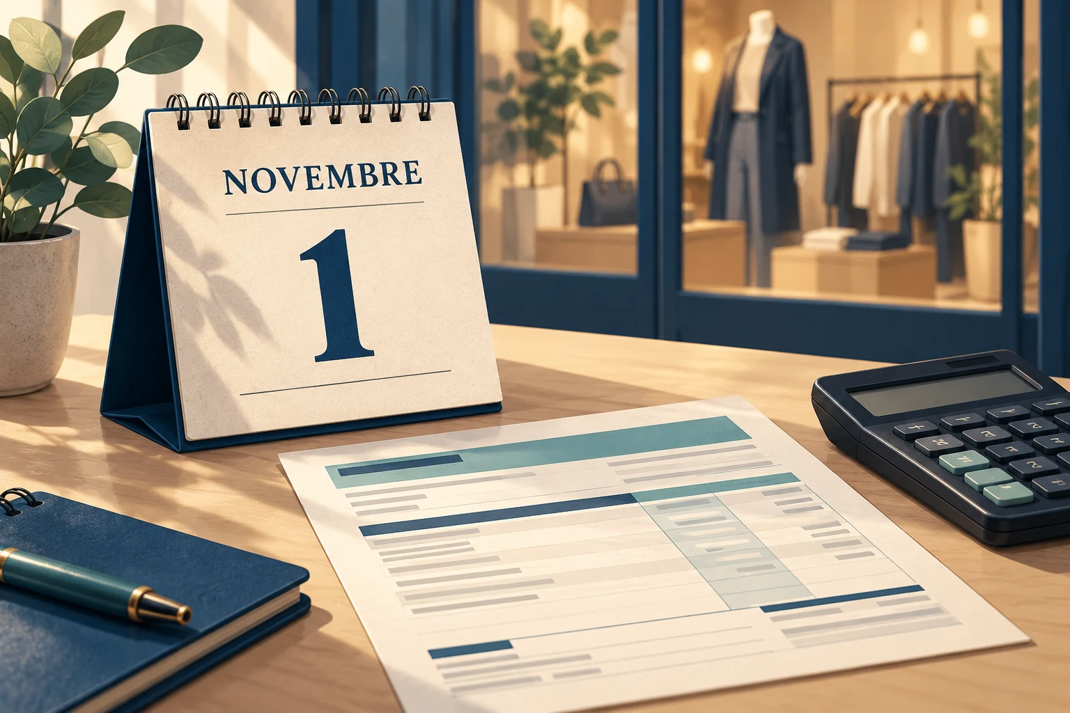 Calendario del 1 novembre accanto a un cedolino e a una calcolatrice, con una vetrina sullo sfondo