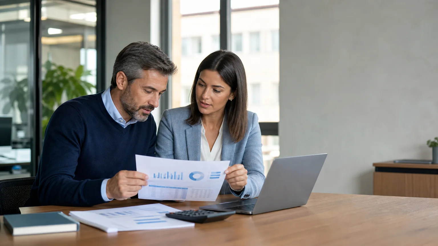 Responsabile HR e dipendente controllano documenti contrattuali e tabelle in ufficio senza testo leggibile