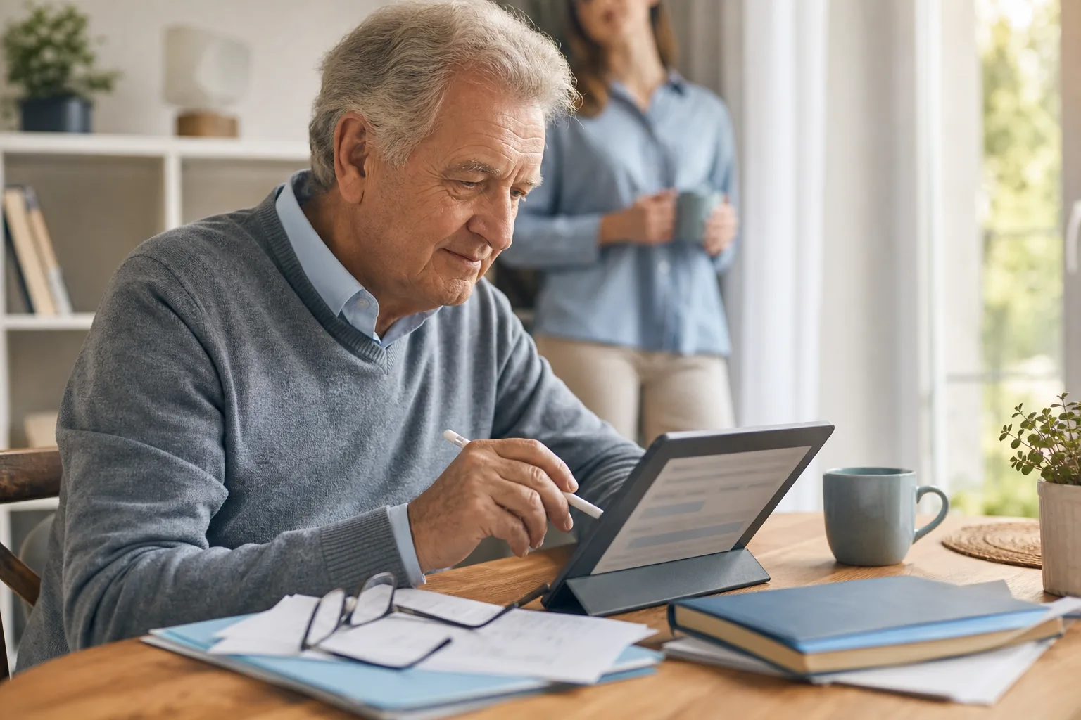 Persona anziana compila una domanda digitale su tablet con assistenza discreta
