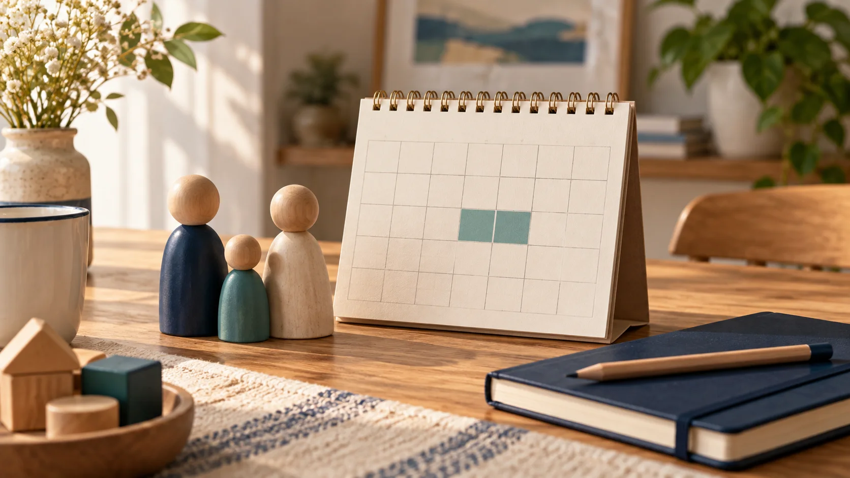 Calendario con due caselle evidenziate, figure familiari in legno e un quaderno su un tavolo di casa.