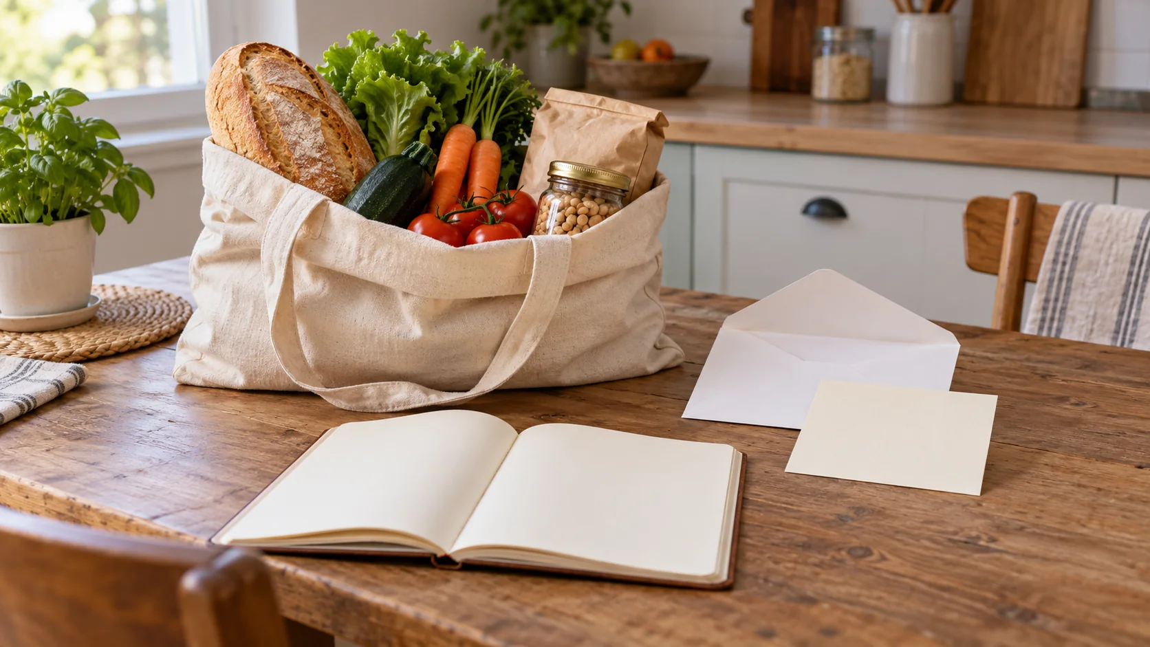 Borsa riutilizzabile con pane e verdure, busta e cartoncino vuoti accanto a un’agenda su un tavolo