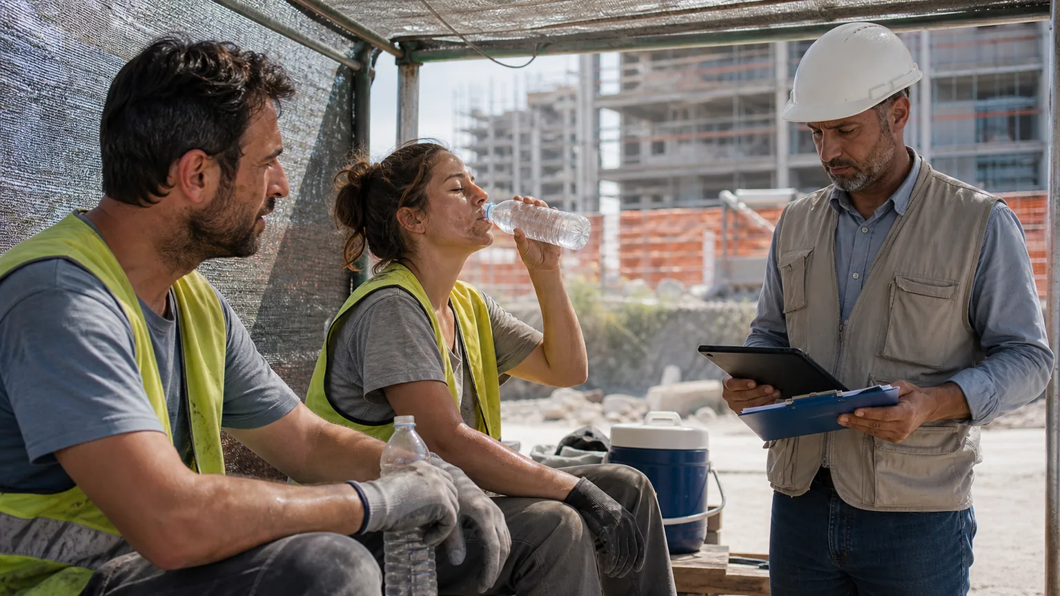 Operai in pausa all’ombra durante un’ondata di caldo in cantiere mentre un responsabile controlla tablet e modulistica
