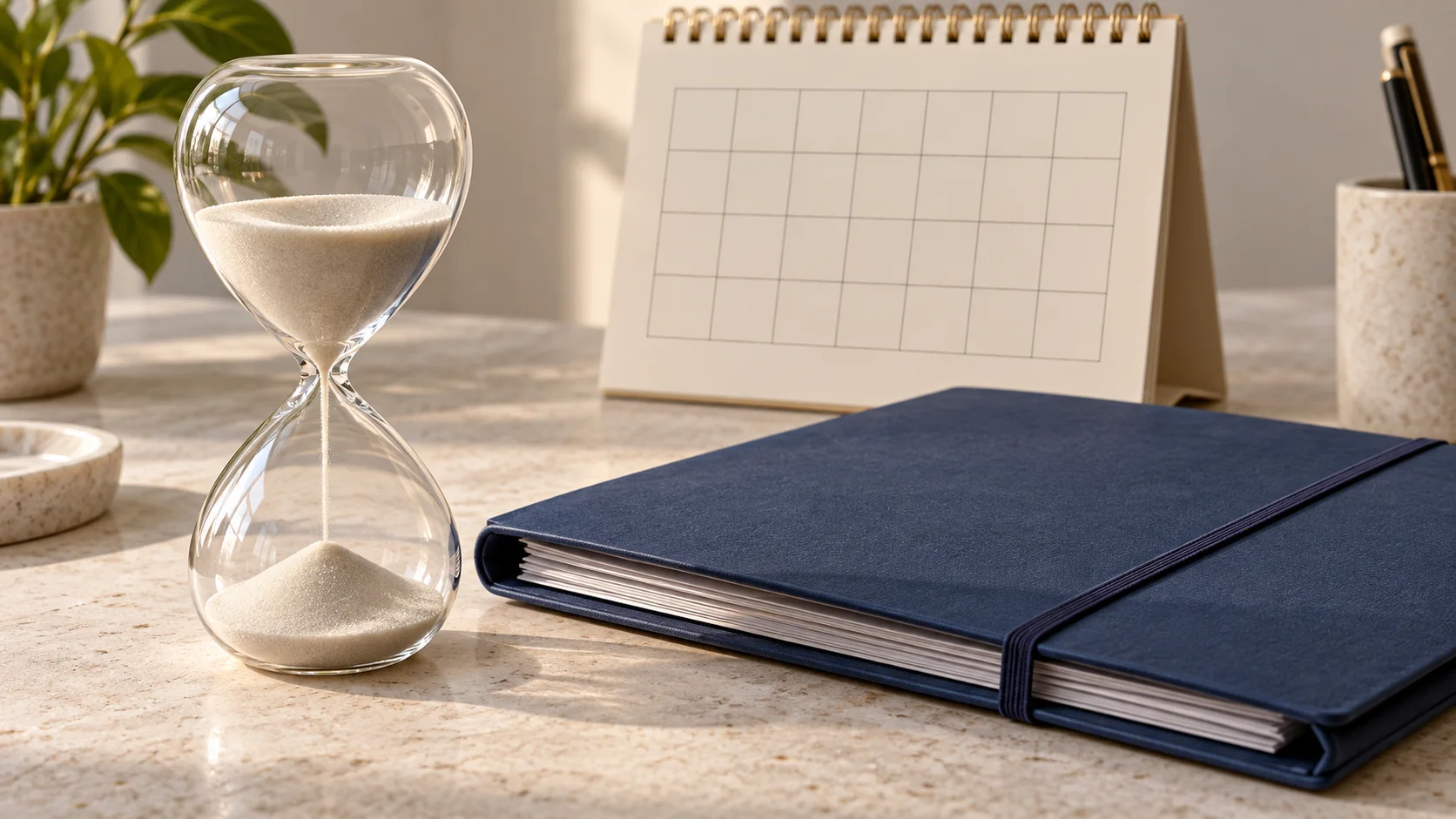 Clessidra accanto a una cartella chiusa e a un calendario senza date leggibili, simboli dell’attesa di una pratica.