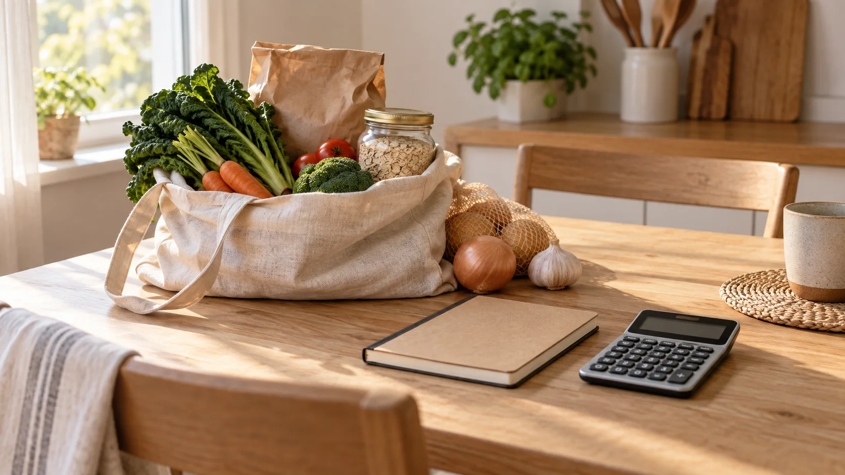 Borsa della spesa con verdure e alimenti, quaderno chiuso e calcolatrice su un tavolo di cucina.
