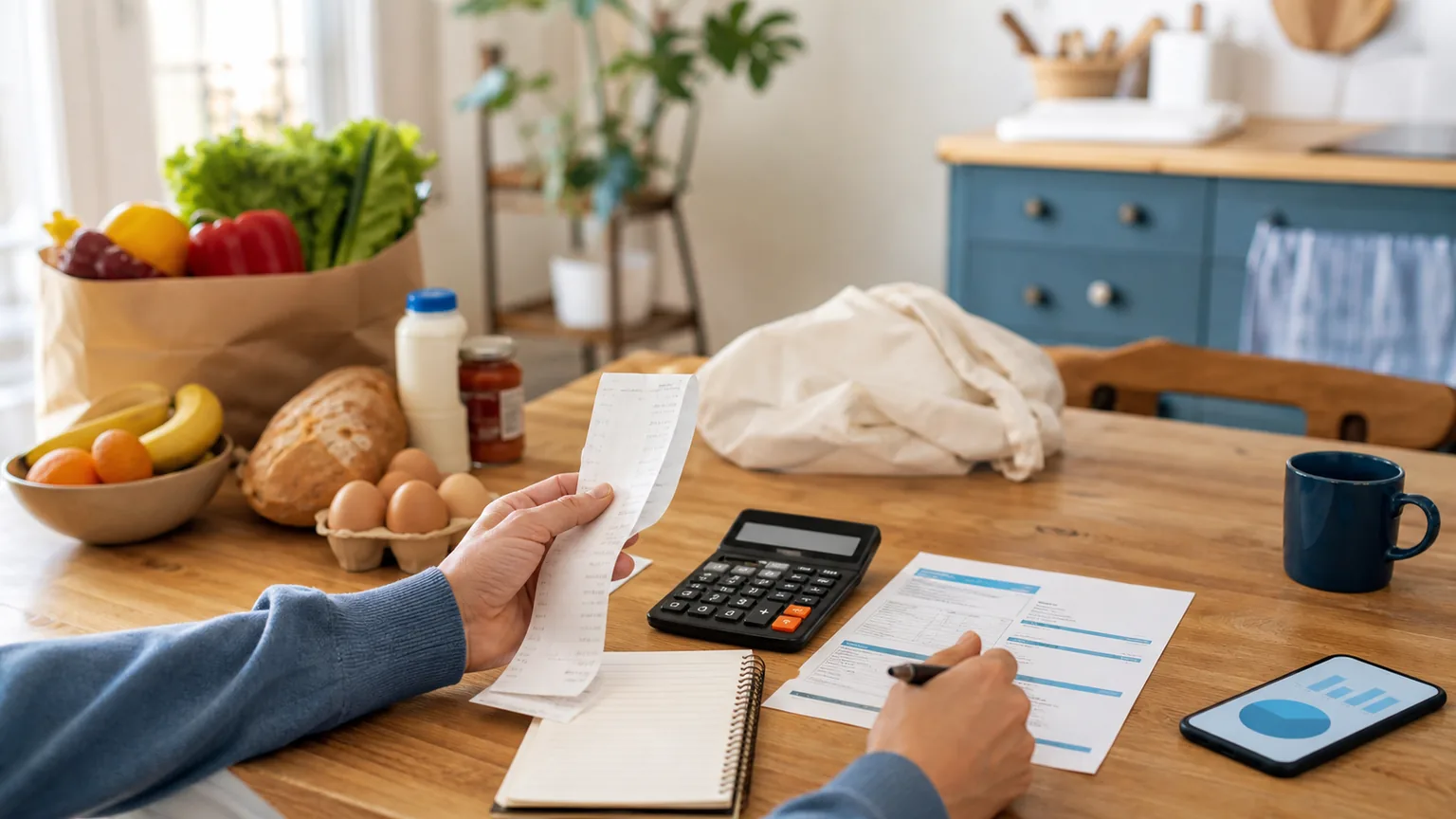 Scontrino, alimenti, calcolatrice e documento stipendio su tavolo domestico senza dati leggibili
