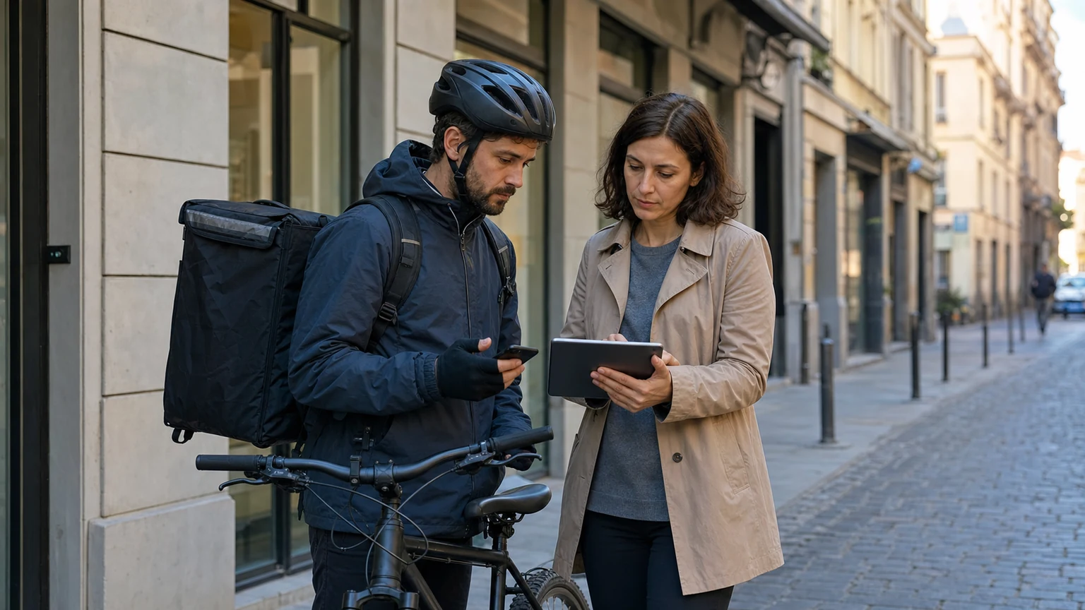 Rider in bicicletta e responsabile operativo confrontano smartphone e tablet in una strada urbana