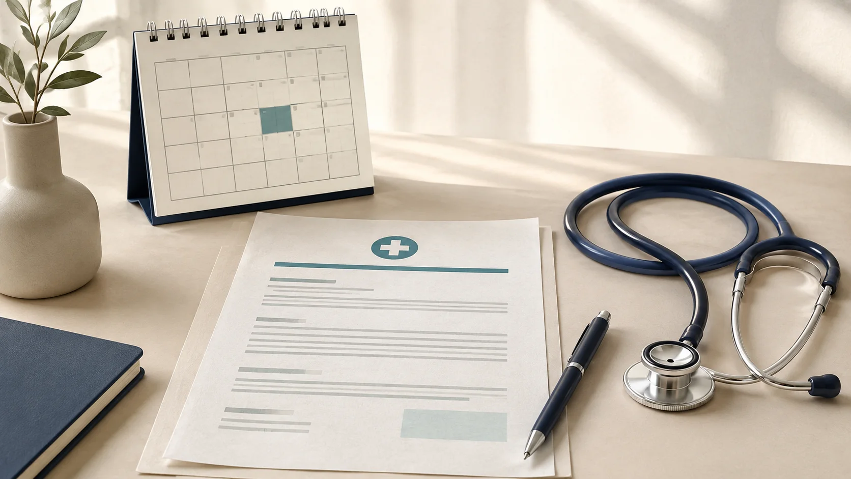 Illustrazione di un calendario, un documento medico e uno stetoscopio su una scrivania.