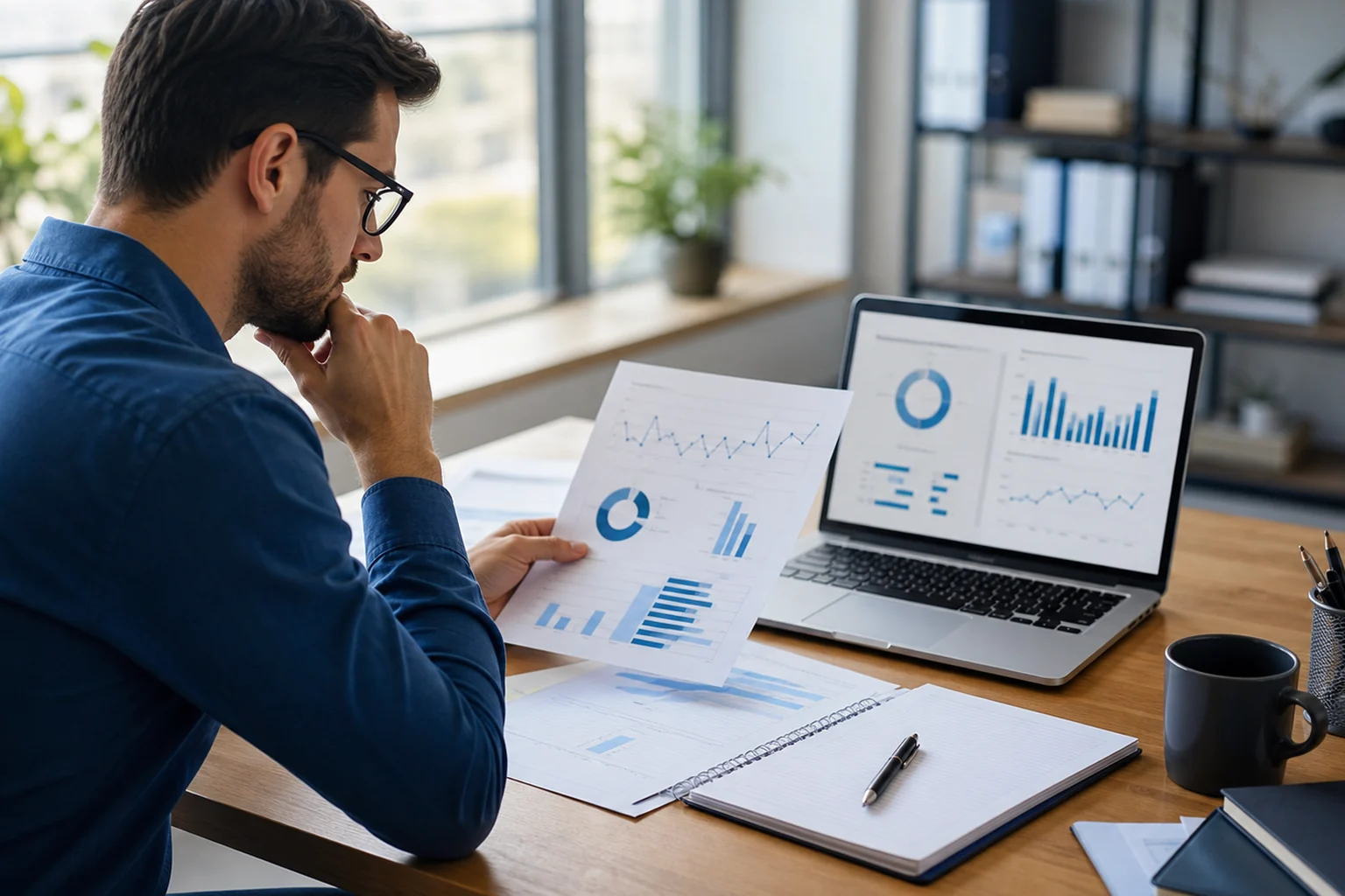 Analista al lavoro su report e grafici del mercato del lavoro in ufficio