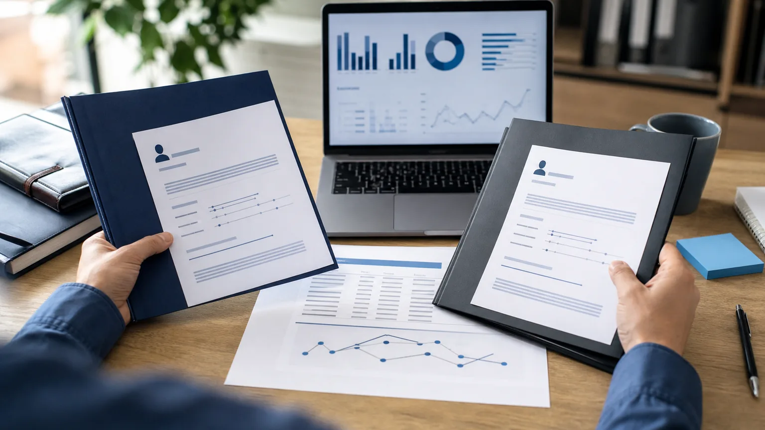 Scrivania con documenti di offerta, grafici del lavoro e calcolatore stipendio senza dati leggibili