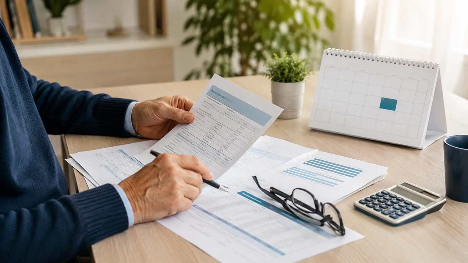 Pensionato controlla documenti reddituali accanto a calendario, occhiali e calcolatrice su una scrivania.
