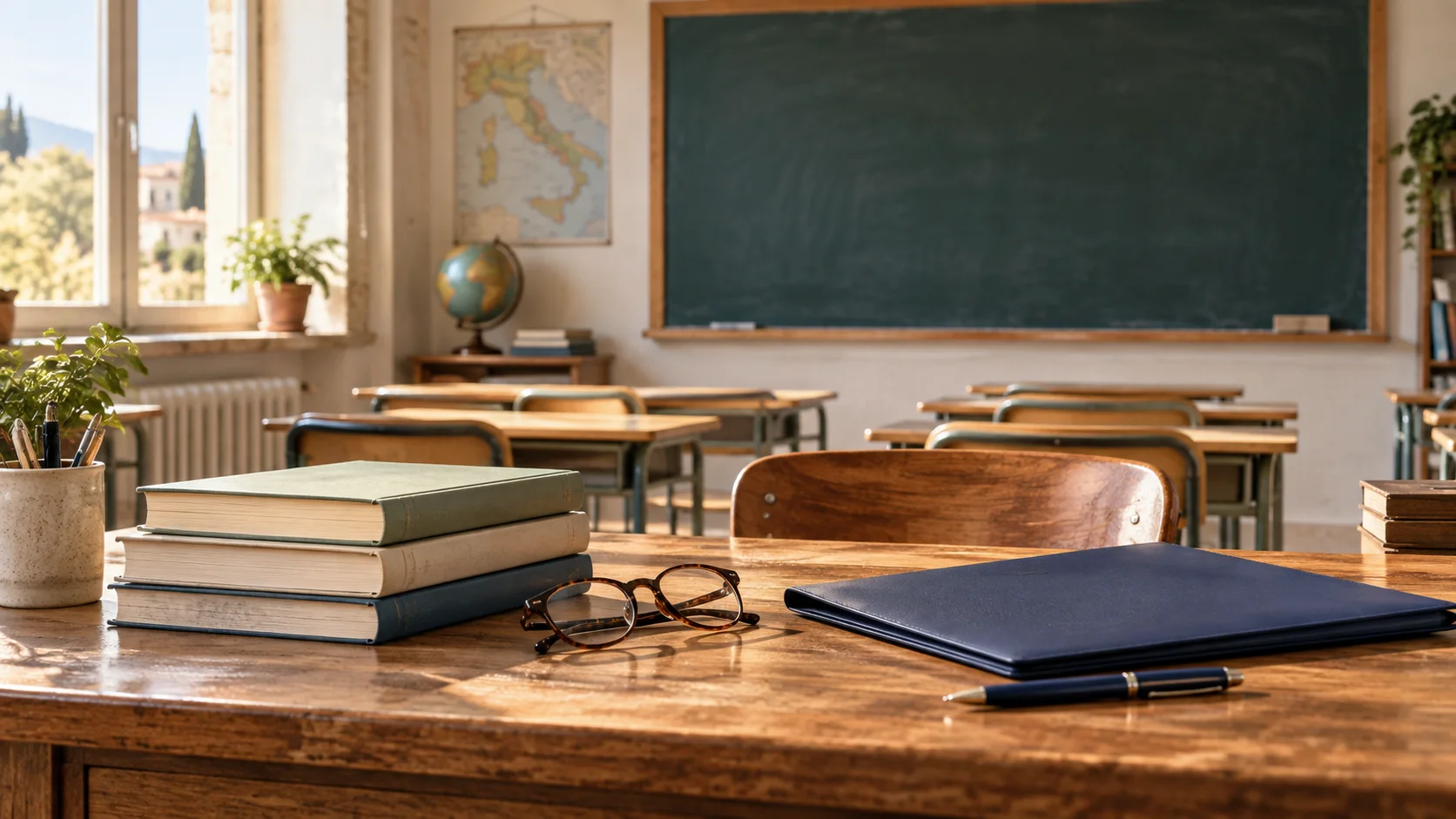 Libri, occhiali, una cartella chiusa e una penna sulla cattedra di un’aula vuota con lavagna sullo sfondo.