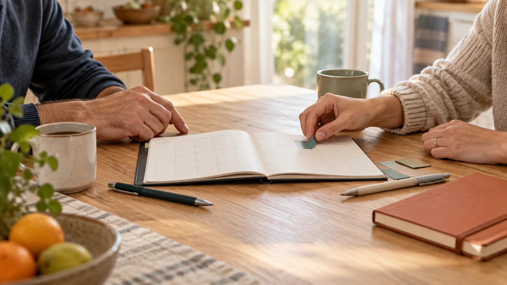 Le mani di due adulti accanto a un’agenda aperta, con segnapagina colorati e penne su un tavolo di casa.