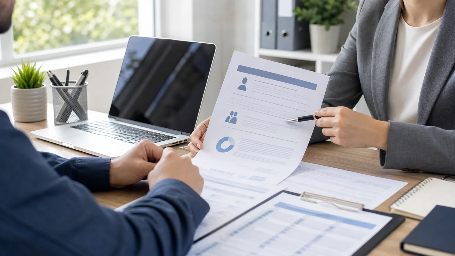 Colloquio di onboarding in ufficio con documenti sul TFR e scelta del fondo pensione senza testo leggibile