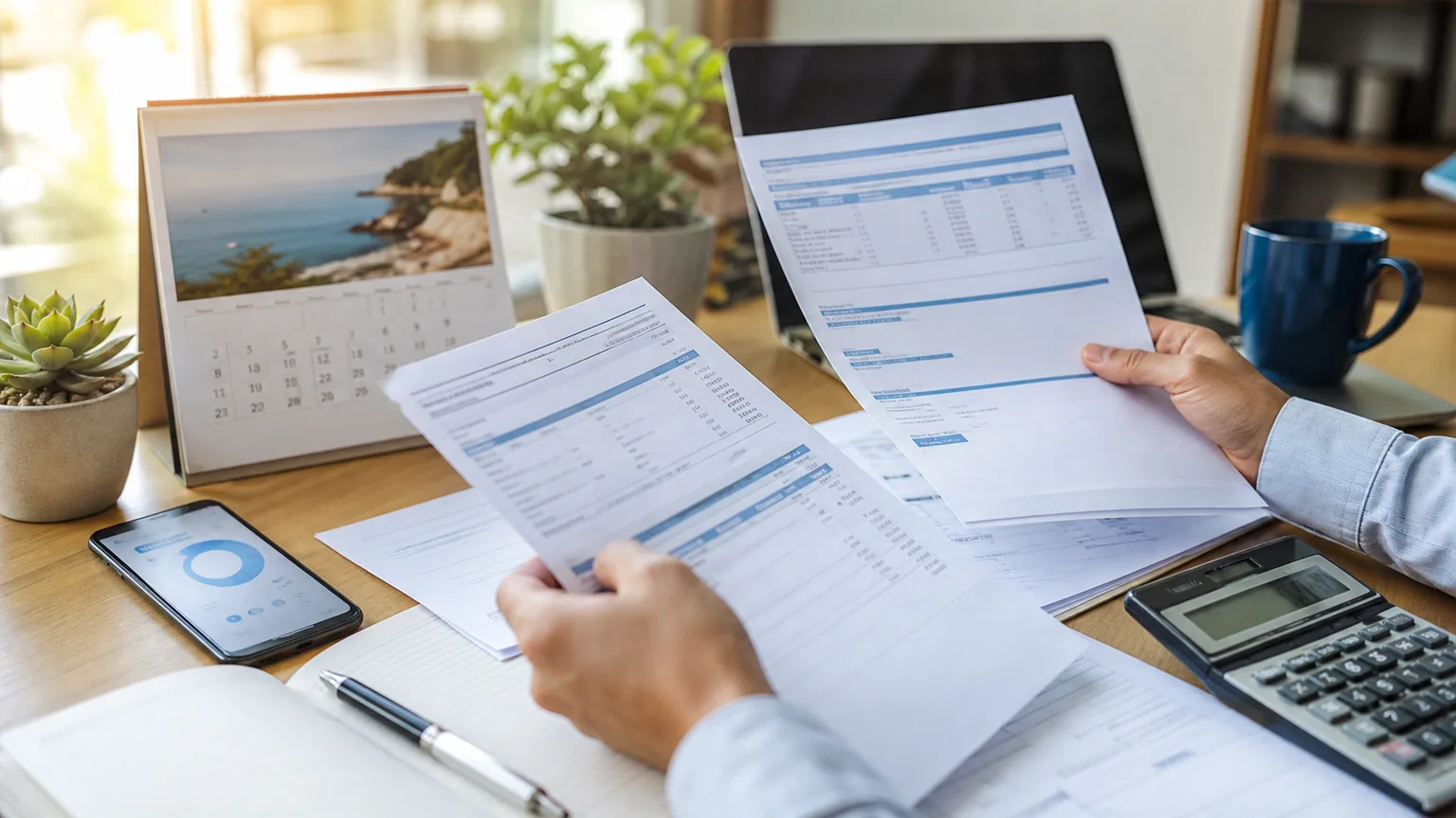 Documenti di busta paga e pensione con calendario estivo e calcolatrice su una scrivania