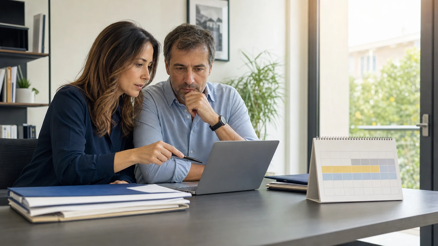 Consulente paghe e titolare d’azienda controllano al computer un calendario degli adempimenti estivi