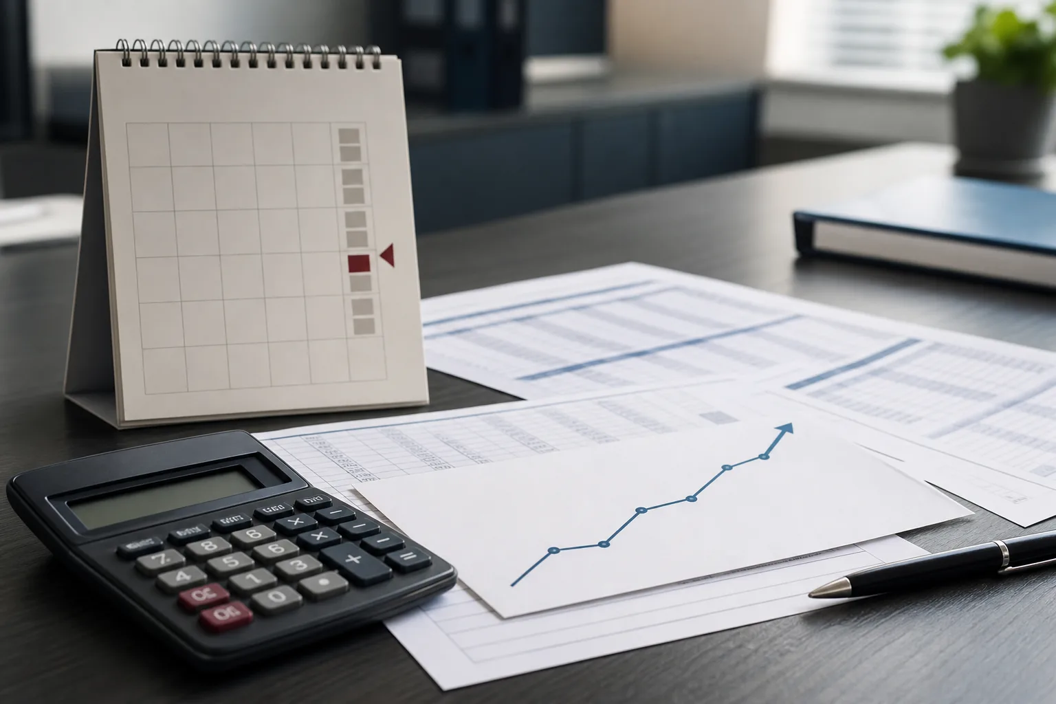 Calcolatrice, calendario e grafico crescente su una scrivania amministrativa